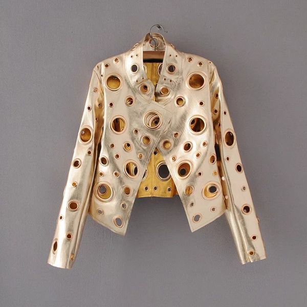 

women's pu leather jackets loops rivet hollow out punk motorcycle biker open stitch geometric spliced slim woman's faux short coat, Black