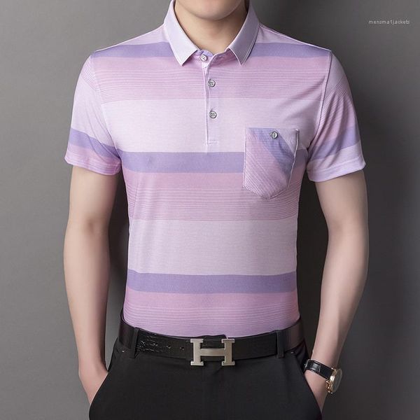 

color clothing mens designer tshirts lapel button casual mens comfortable stripe print polo blouse male contrast, White;black