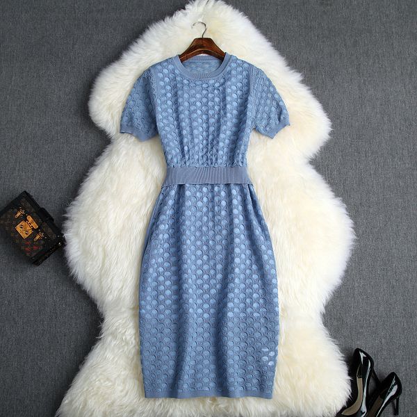 

autumn 2019 new european and american women's wear round collar with short sleeves hollowed out knitting fashion dress, Black;gray