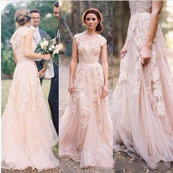 

2020 country a line wedding dresses v neck full lace appliques blush pink champagne long sweep train reem acra formal bridal gowns, White