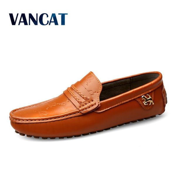 

vancat brand summer spring breathable genuine leather flats loafers men shoes casual shoes luxury fashion slip on driving, Black