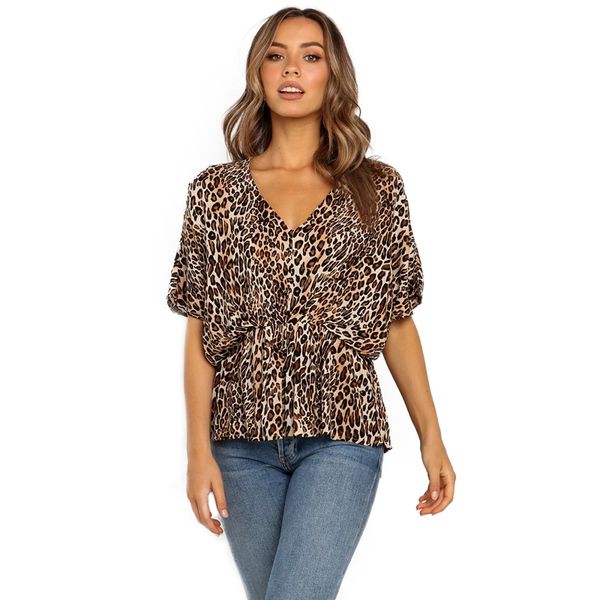 

deep v-neck summer blouse women wrap leopard blouse half flare sleeve casual shirt loose, White