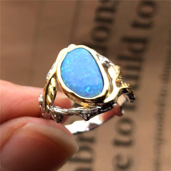 

Brand Boho Female Blue Fire Opal Ring 2019 Fashion Silver Gold Leaf Ring Vintage Wedding Engagement Rings For Women