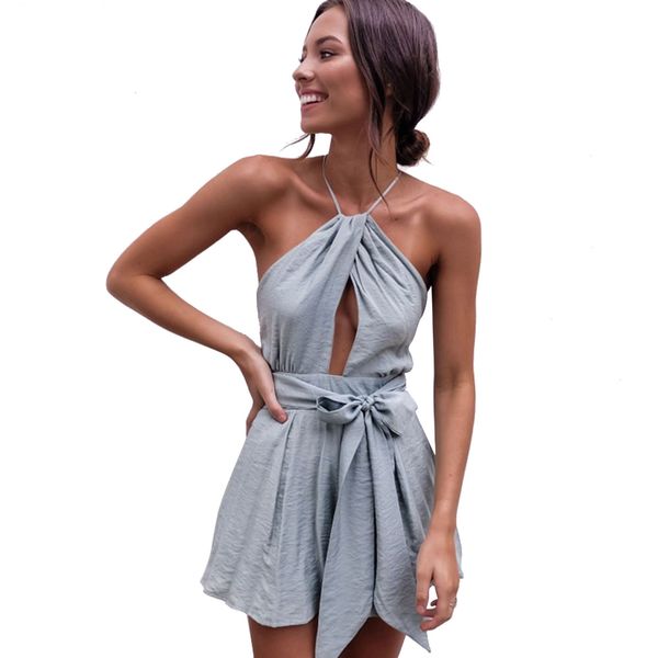

combinaison femme 2018 backless bodysuit tie waist belt rompers women halter neck hollow out playsuit summer short jumpsuit, Black;white