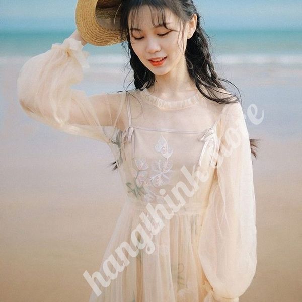 

retro hook princess dresses 2 piece set new arrivals women lace flower dress long gauze lantern sleeve voile clothes female, Black;gray