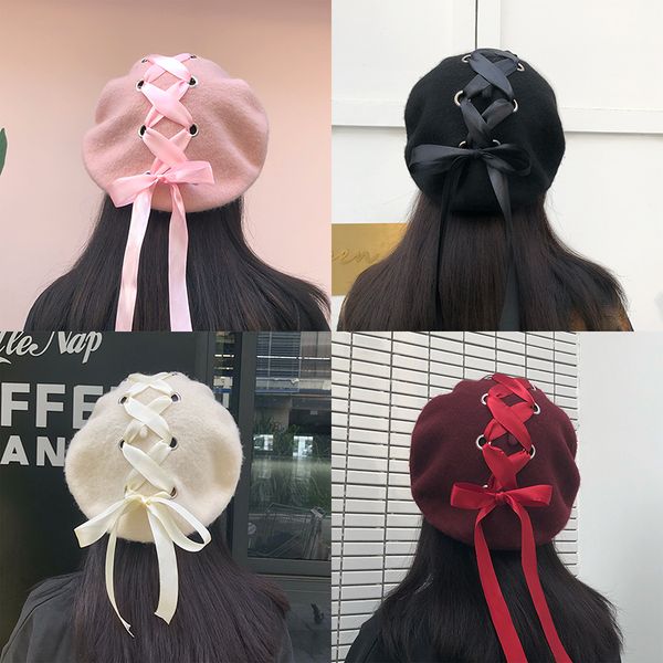

harajuku straps bow wool hat beret autumn and winter literary painter hat wild tide female, Blue;gray