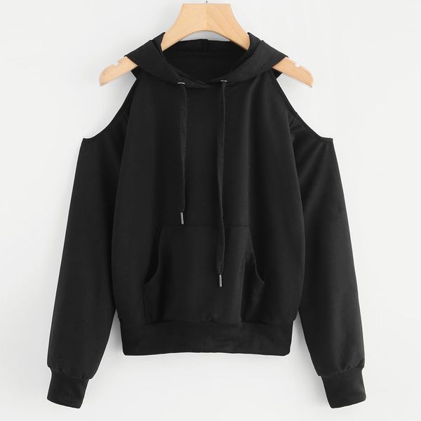

feitong women sweatshirt hoodies solid long sleeve casual off shoulder autumn spring hooded pullover blouse streetwear moletom, Black