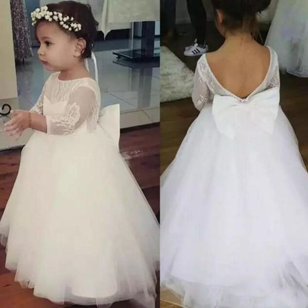 

cute lace tulle flower girl dress sheer neck backless illusion sleeves flowergirl dresses for weddings with bow first communion gown, White;blue