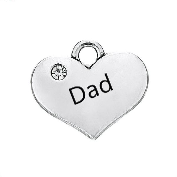 

10pcs/lot charm pendants heart antique silver color "dad" message carved clear rhinestone for necklace, Bronze;silver