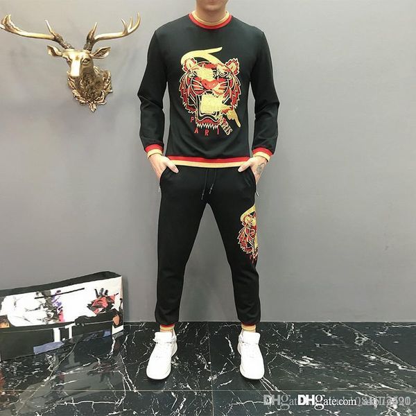 

19sstide brand embroidered tiger head autumn and winter clothing cotton long-sleeved sweater casual sports trousers two-piece men size -3xl, Gray