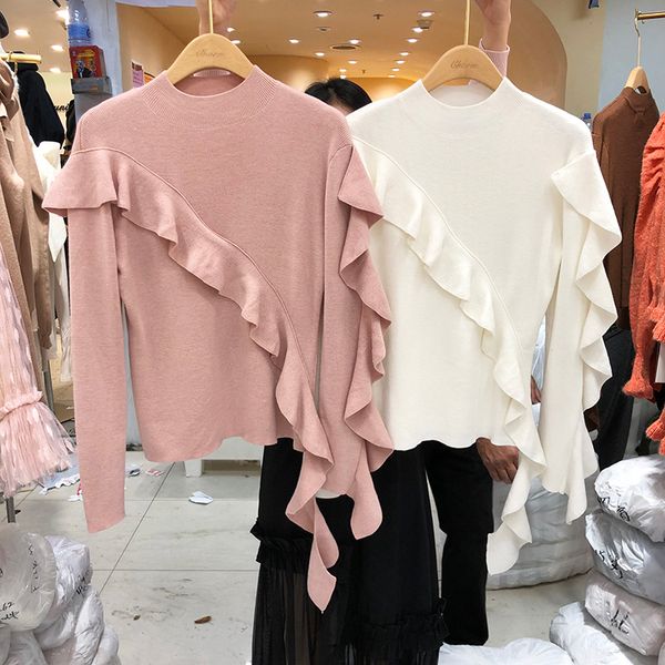 

pround neck pure color loose long sleeve sweater women irregular lotus sweater jersey mujer pull femme, White;black
