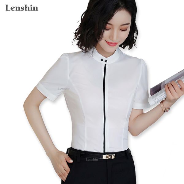 

lenshin lady office white shirt work women's short sleeve cover button turn-down collar women summer wear