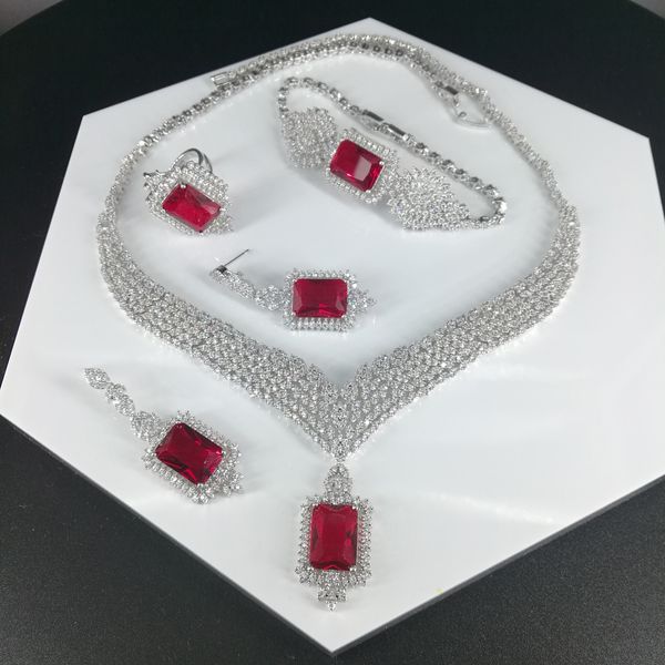 

new fashion luxury red squre crystal flower zircon necklace earring wedding bride banquet dinner jewelry set ing, Silver