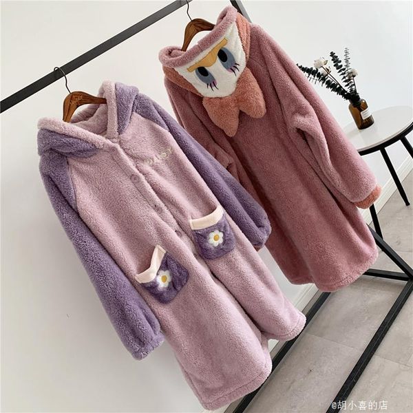 

new 2020 women pajamas long coat sleepwear warm flannel long sleeves pajamas cute animal homewear thick homewear, Black;red