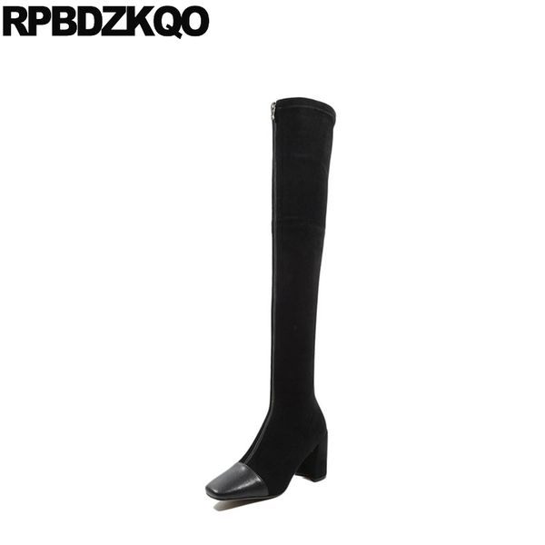 

luxury over the knee shoes square toe chunky high heel black genuine leather suede slim thigh women boots winter long sheepskin