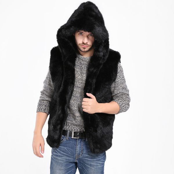 

men spring winter faux fur vest jacket sleeveless winter body warm coat hooded waistcoat gilet fashion luxury 2019 men gift, Black;brown