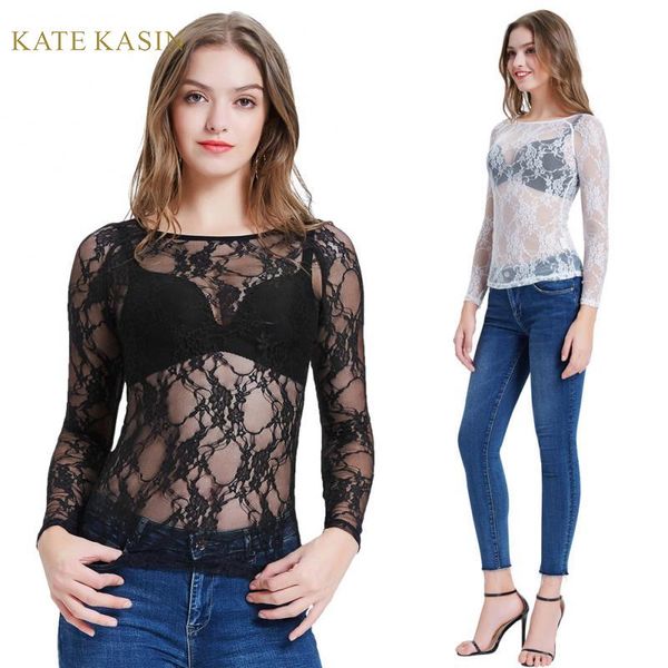 

kate kasin women long sleeve round neck see-through mesh shirt hollow out transparent mesh lace blouse clubwear, White
