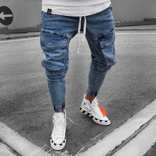 

fashion-casual jeans nine minutes designer pocket elastic waist pencil slim fit fashionable new urban wind style cool pants, Blue