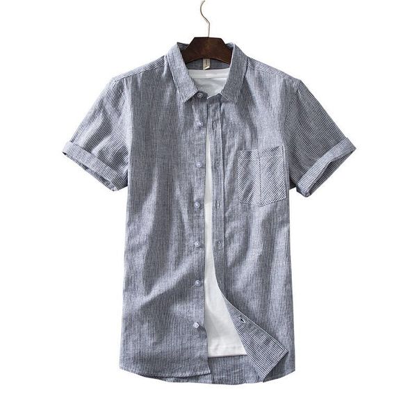 

2019 summer linen shirts new men's striped cotton flax short sleeve shirt fashion casual linen flax shirts male brand clothes, White;black