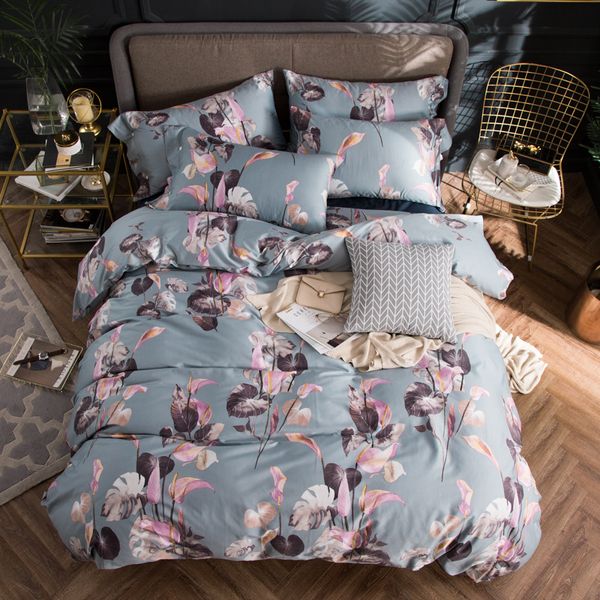 2018 Pink Floral Light Grey Bedding Set Queen King Size Egyptian