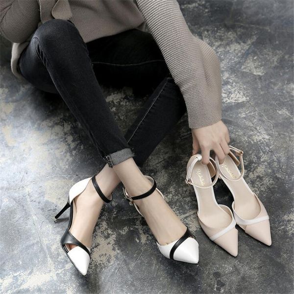 

women pumps fashion spell color high heels single shoes female spring summer genuine leather wedding party shoes sandals 31-43, Black