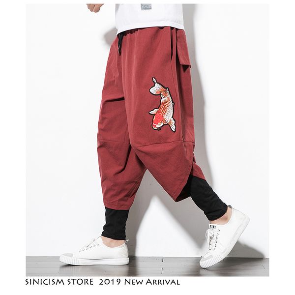 

sinicism store men chinese style harem pants 2019 mens streetwear harajuku cotton linen joggers male embroidery sweatpants, Black