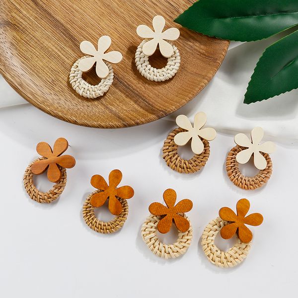 

aensoa new vintage creative 4 style flower rattan drop earrings for women bohemia wooden handmade dangle earrings wholesale, Silver