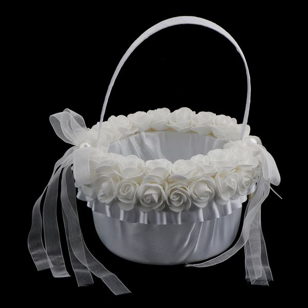 

4pcs wedding flower girl baskets set - white satin with white lace & ribbon bowknots collection