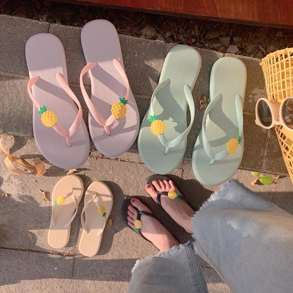 

cute pineapple decoration flip flops women candy color holiday beach slippers 2020 new summer jandal slides women sandalias, Black