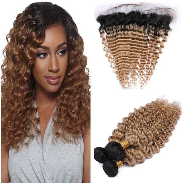 Honey Blonde Ombre Deep Wave Hair Bundles With Frontal Closure Two