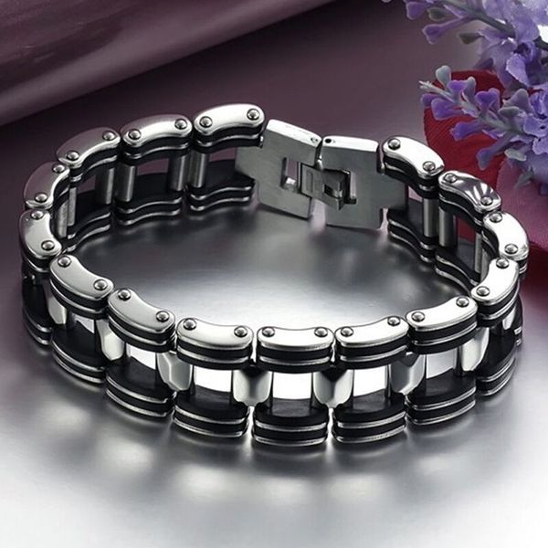

западный стиль продажа мужчина серебро из нержавеющей стали черного силиконовой резины для мотоциклов байкер цепи титан стал браслет, Black
