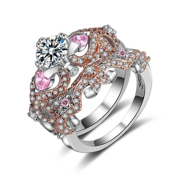 

new cross heart silver color rings sets pink cubic zirconia wedding party ring sets fashion brand women luxury jewelry gifts