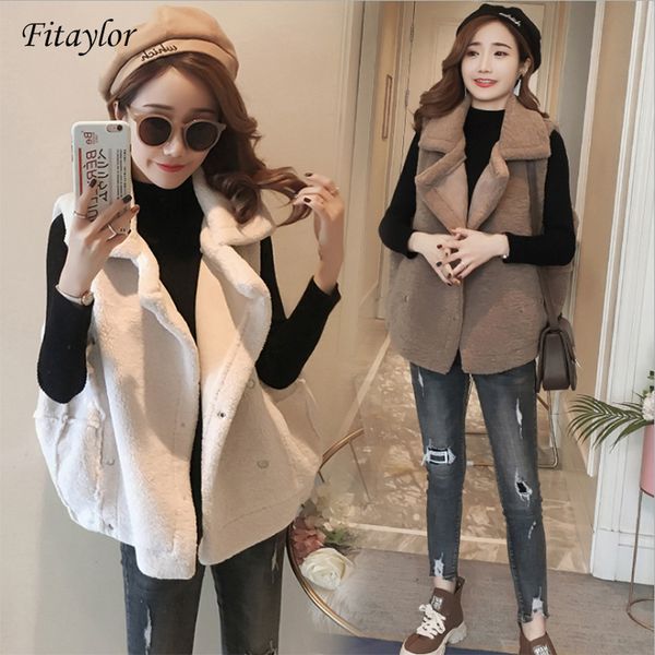 

fitaylor fashion women leather jackets autumn winter faux lamb wool waistcoat sleeveless faux fur vest loose cute vest jacket, Black;white
