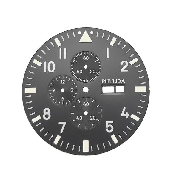 

37.7mm full luminous black pilot's chronograph watch dial fit miyota cal.0s00 movement fully lumed