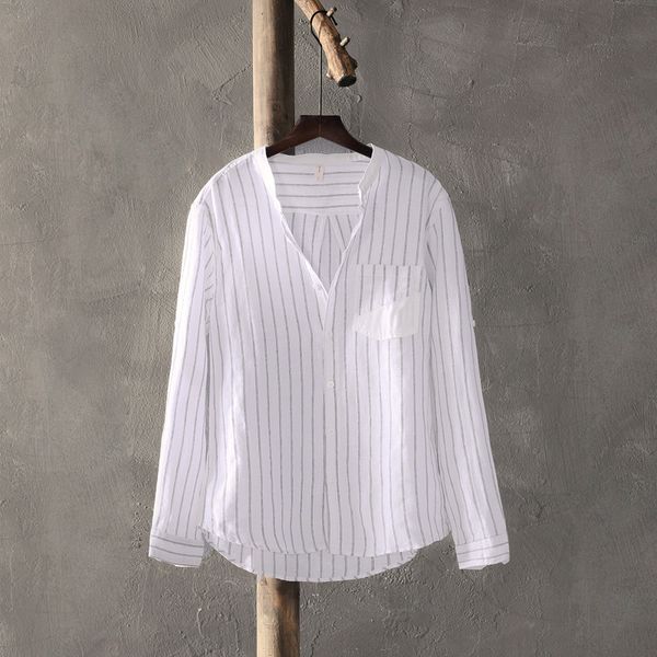 

linen shirts men comfortable breathable natural linen casual shirt 2020 new long sleeve striped shirt men, White;black