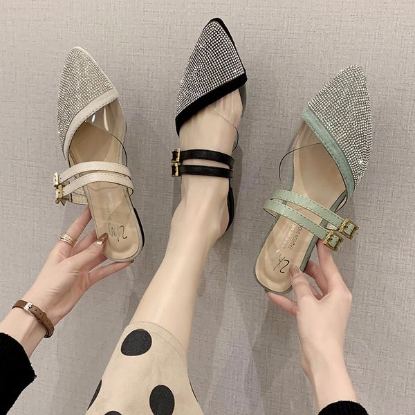 

square heel flat shoes female pointed toe ladies' slippers luxury slides loafers slipers women low block designer 2020 cover, Black