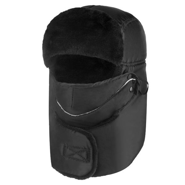 

men women warm bicycle hat outdoor warm winter hat ear flap chin strap neck warmer windproof trapper for cycling, Black
