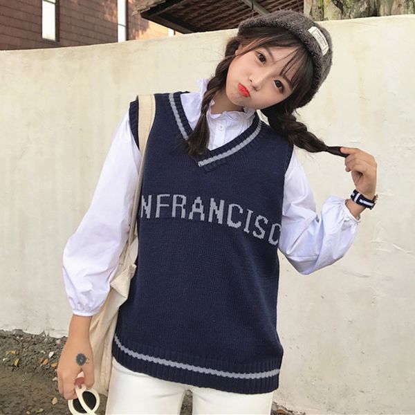 

letter pattern knitted cotton sleeveless sweater v-neck sleeveless sweet girls pullover fashion vest students style sweater, Black;white