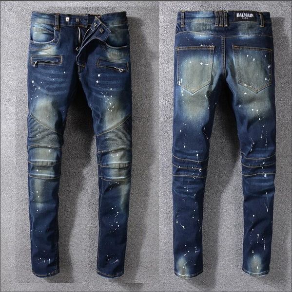 

2019 balmain men di tre ed ripped biker jean lim fit motorcycle biker denim for men fa hion de igner hip hop men jean good quality, Blue