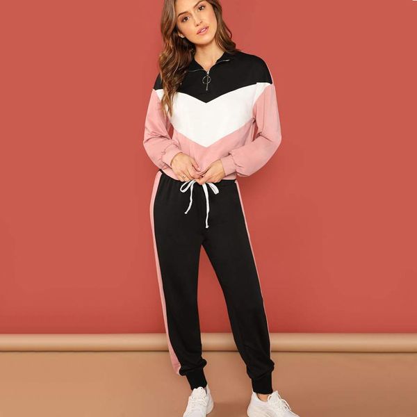 

hight waist women sportwear patchwork lapel training set winter zipper long sleeve running suit gym clothing tracksuit for girls, White;black