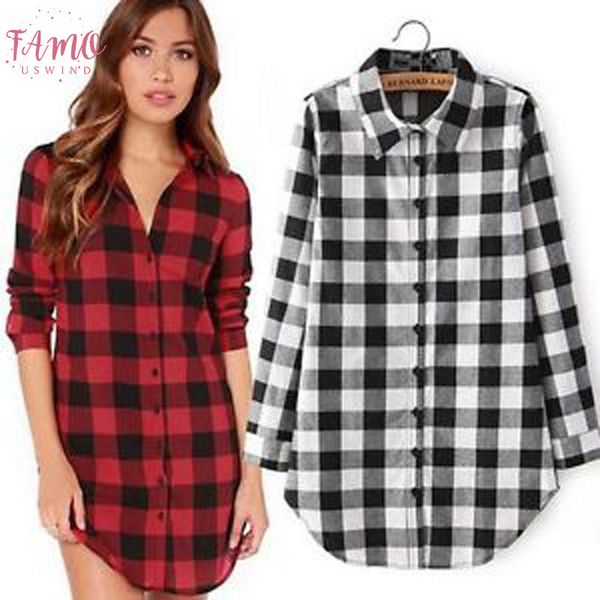 

womens clothing lady long sleeve plaid check oversized shirt blouse plaid shirt plus size, White