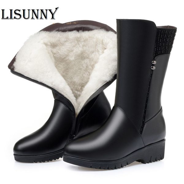 

women long boots 2020 winter new wedge with wool warm women's boots large size 41 42 43 winter shoes season slip mother shoes, Black