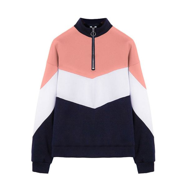 

women pullover loose sweatshirt three-color stitching zipper long-sleeved, Black