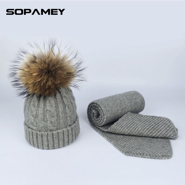 

winter knitted hat and scarf set luxury for children hats and scarves with real fur raccoon pompon beanie hat for boy girl baby