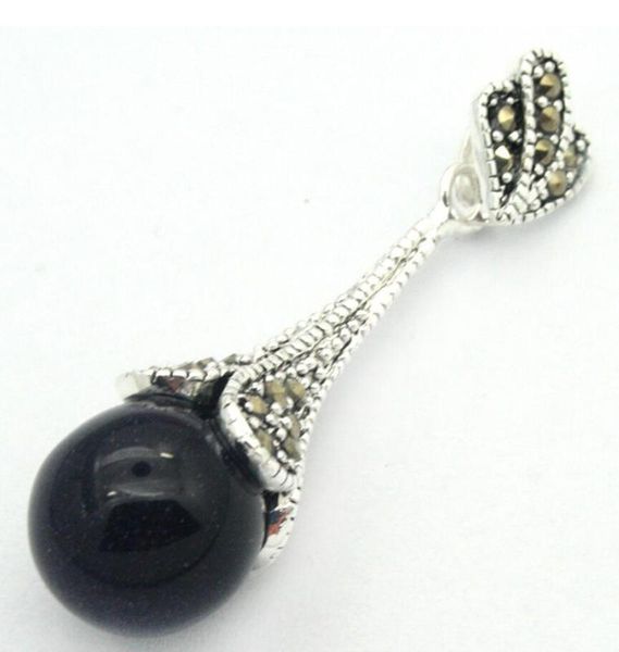 

12mm natural blue sand jade round bead 925 sterling silver marcasite pendant