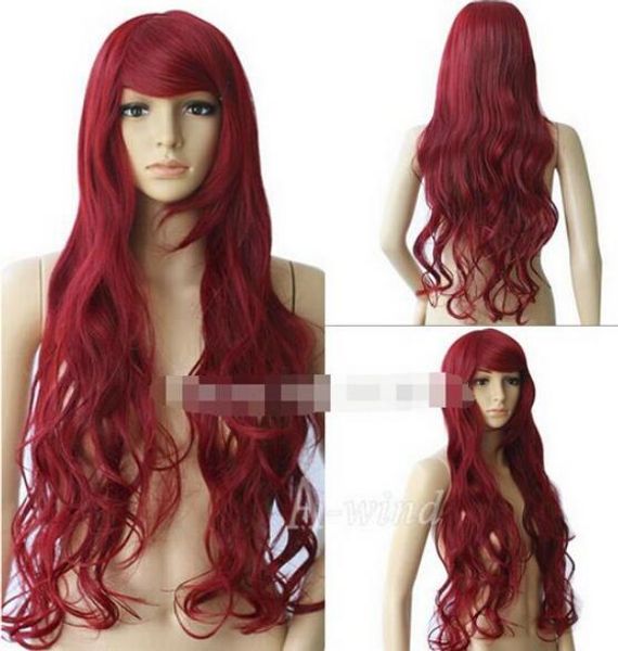 SPEDIZIONE GRATUITA + + Nuovo 32 pollici 80 cm Capelli lunghi Capelli ricci ondulati Parrucche Cosplay Anime Parrucche sintetiche Parrucca piena del partito Rosso