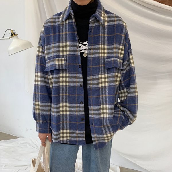 

winter new tartan woolen coat men fashion retro casual thickening shirt men streetwear wild loose woolen jacket male clothes, White;black