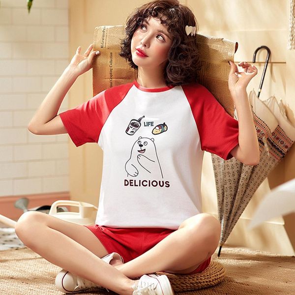

women fashion round neck short sleeve above knee shorts cartoon summer print pajamas nightwear set, Black;red