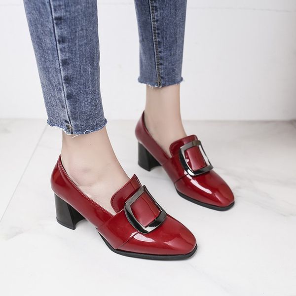 

the new patent leather shoes female 2020 spring thick with square head deep mouth with female leather shoes in the 5678, Black