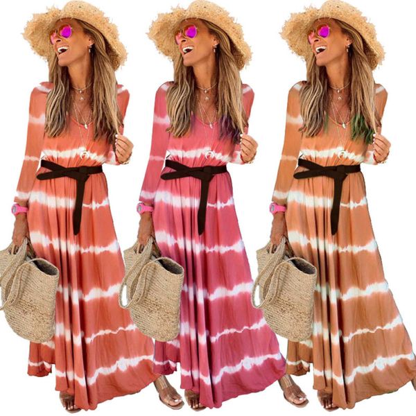 

2019 autumn trendy dress women gradient printing striped vintage o neck maxi sundress long sleeve plus size dress vestidos, Black;gray